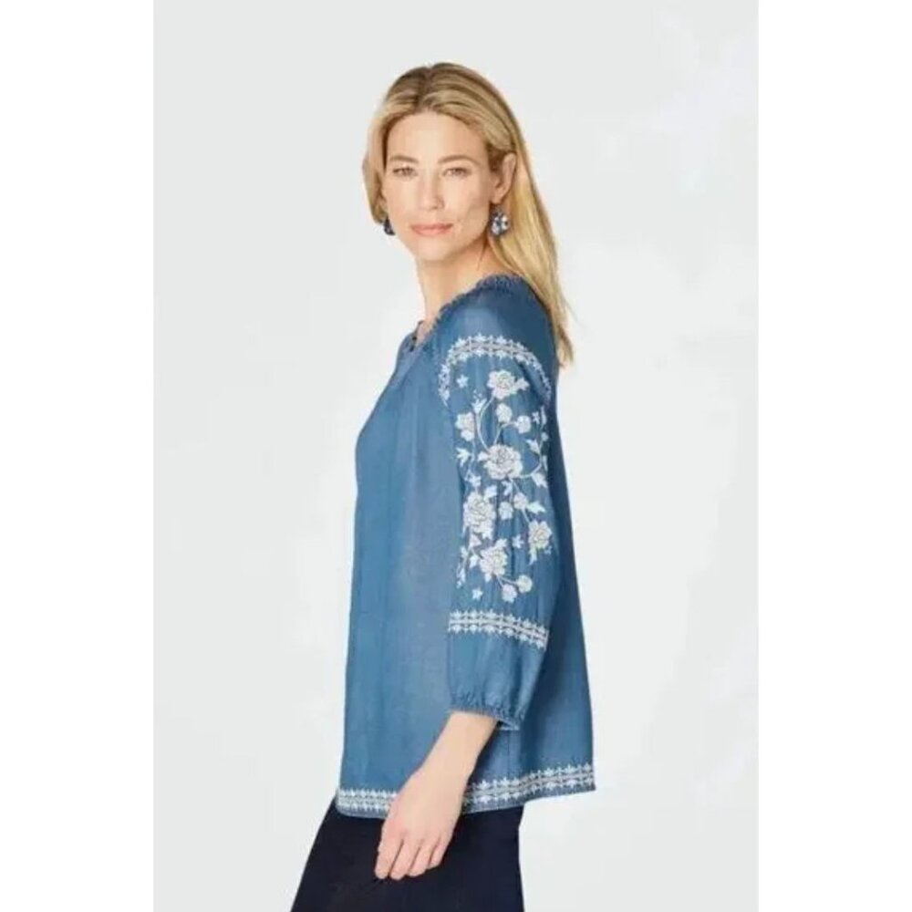 J. Jill Denim Chambray Embroidered Tunic Top Size XL Shirt Blouse Boho Peasant - Picture 2 of 11